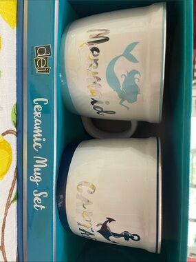 Mermaid & Captain anchor Ceramic Mug Set - White with Aqua and Navy Accents